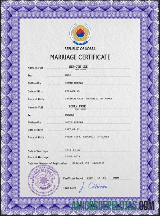 Realista modelo PSD de certidão de casamento da Coreia do Sul